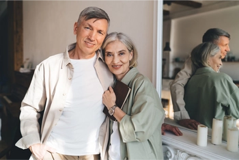 Happy elderly couple hugging in modern room 2024 01 26 18 39 52 utc